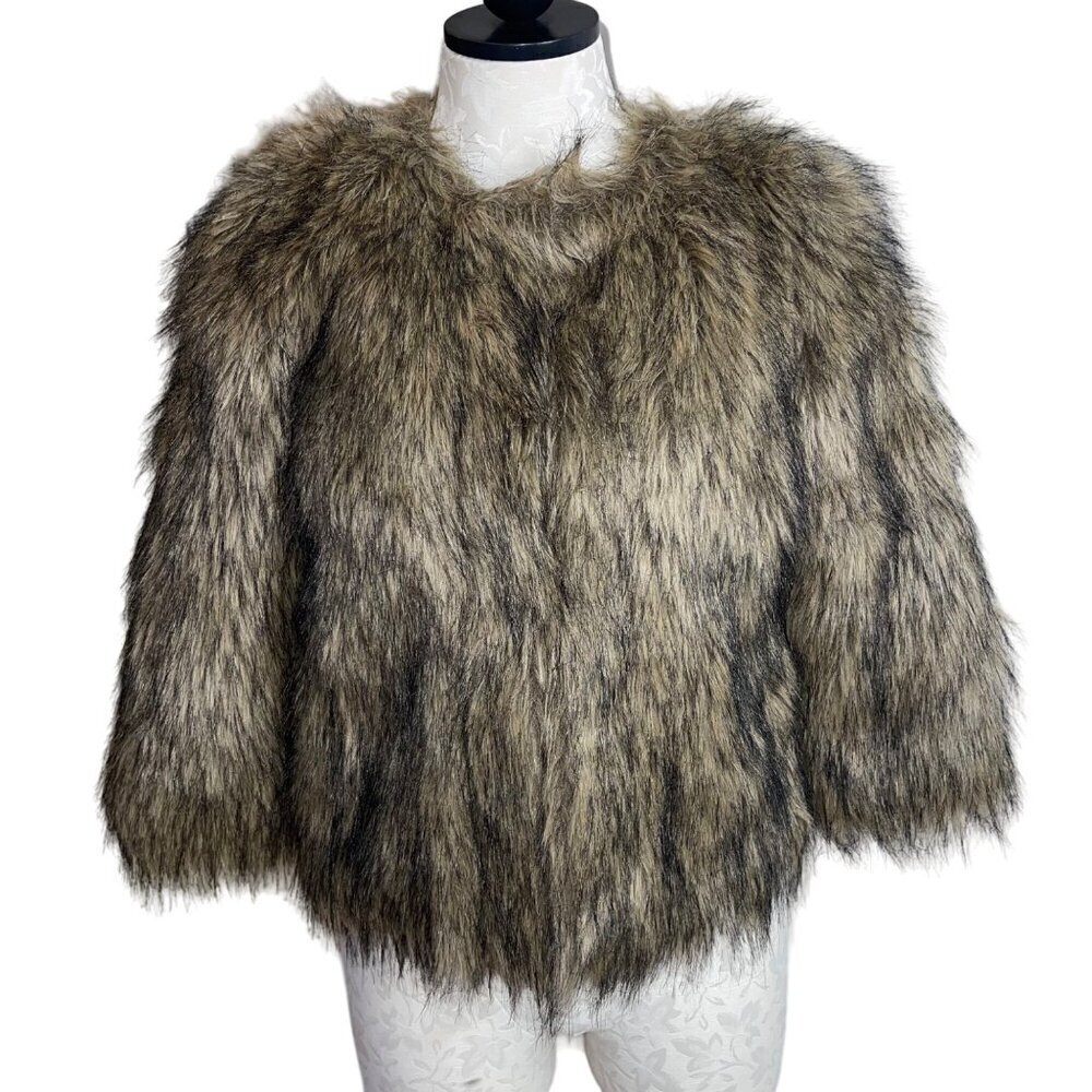 Benetton Womens Jacket Coat Size 40 Brown Faux Fur Lined Cropped Casual